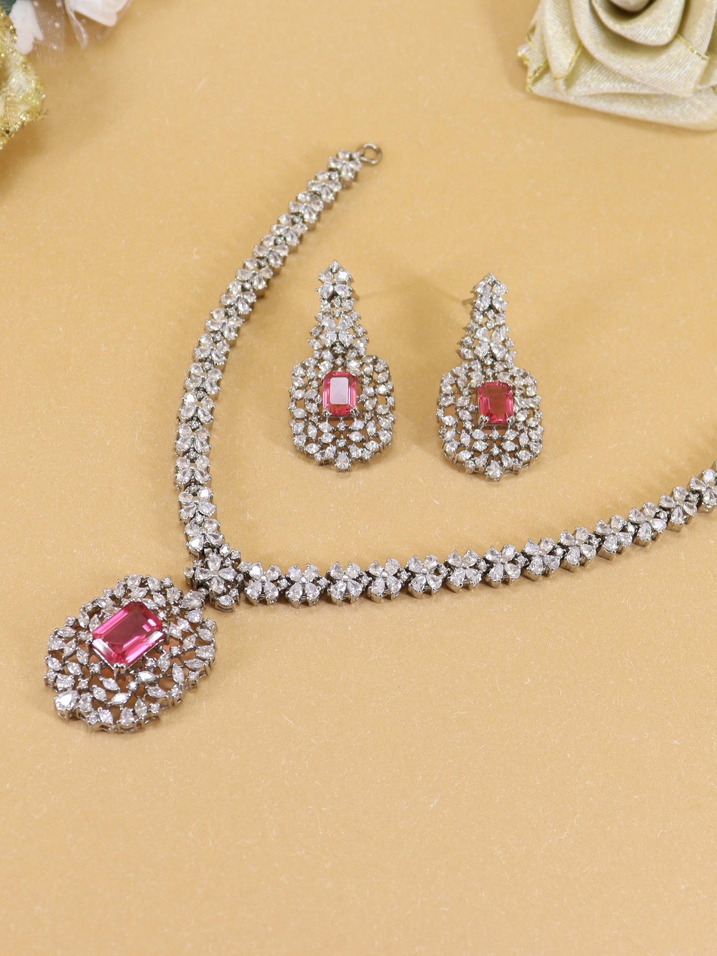 Necklace Set Studded With Zircons And Pink Zircons In 925 Silver.