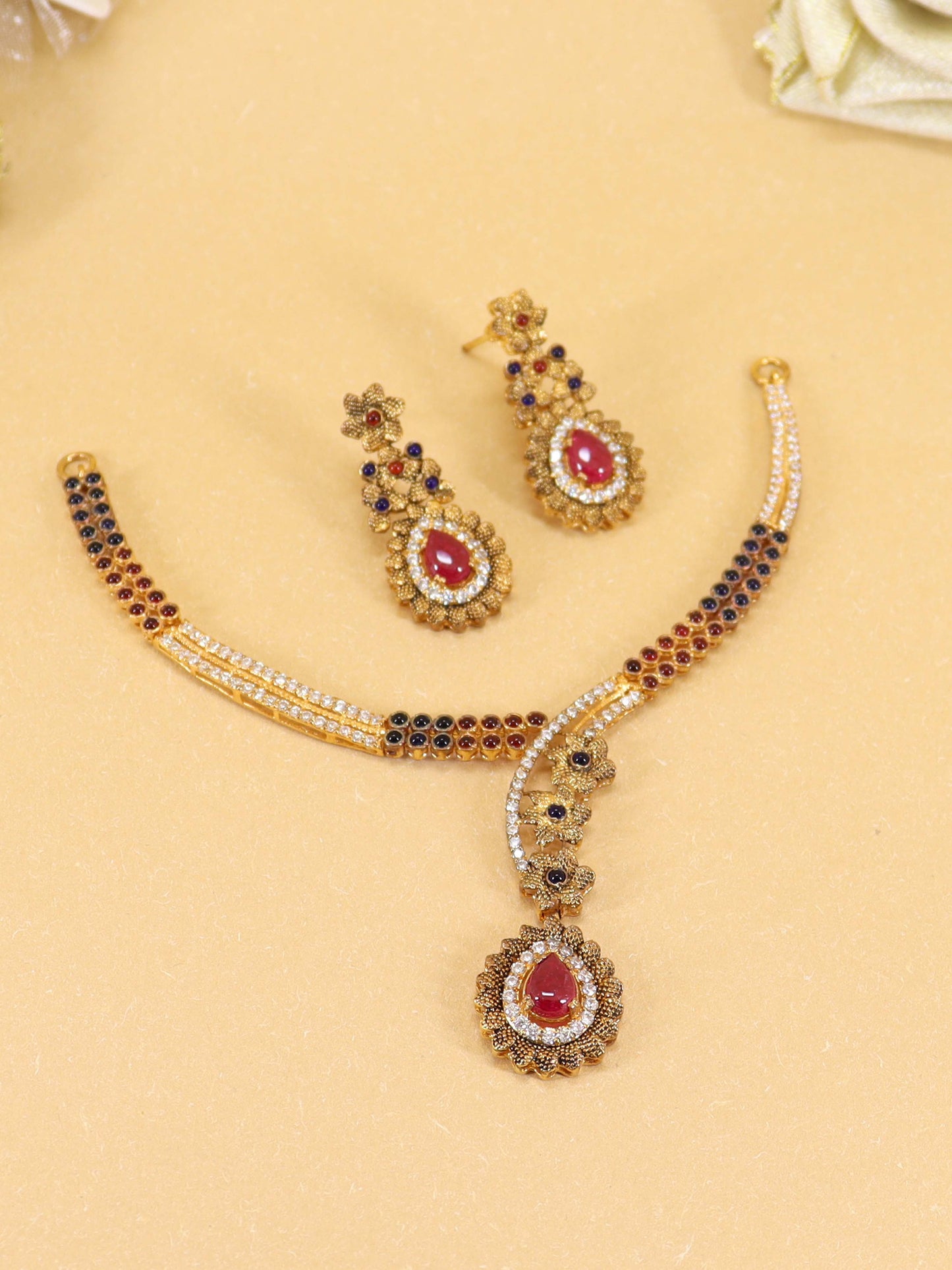 Antique Set Studded With Red And Blue Stones In 925 Silver.