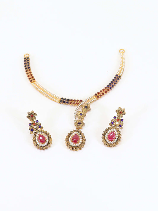 Antique Set Studded With Red And Blue Stones In 925 Silver.