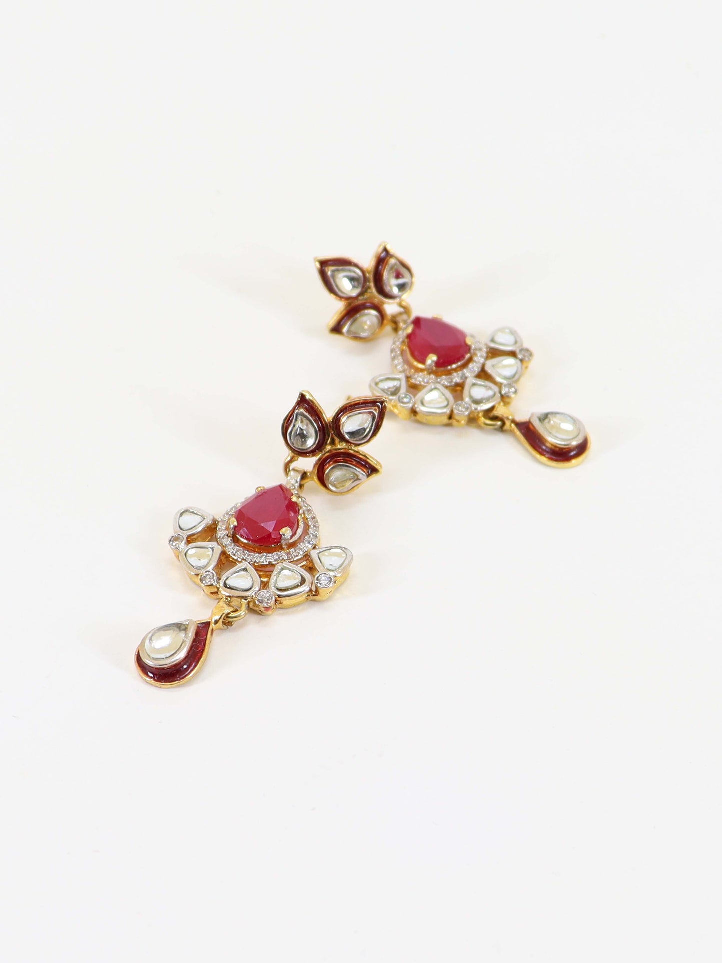 Kundan And Red Meena Earings In 925 Silver.