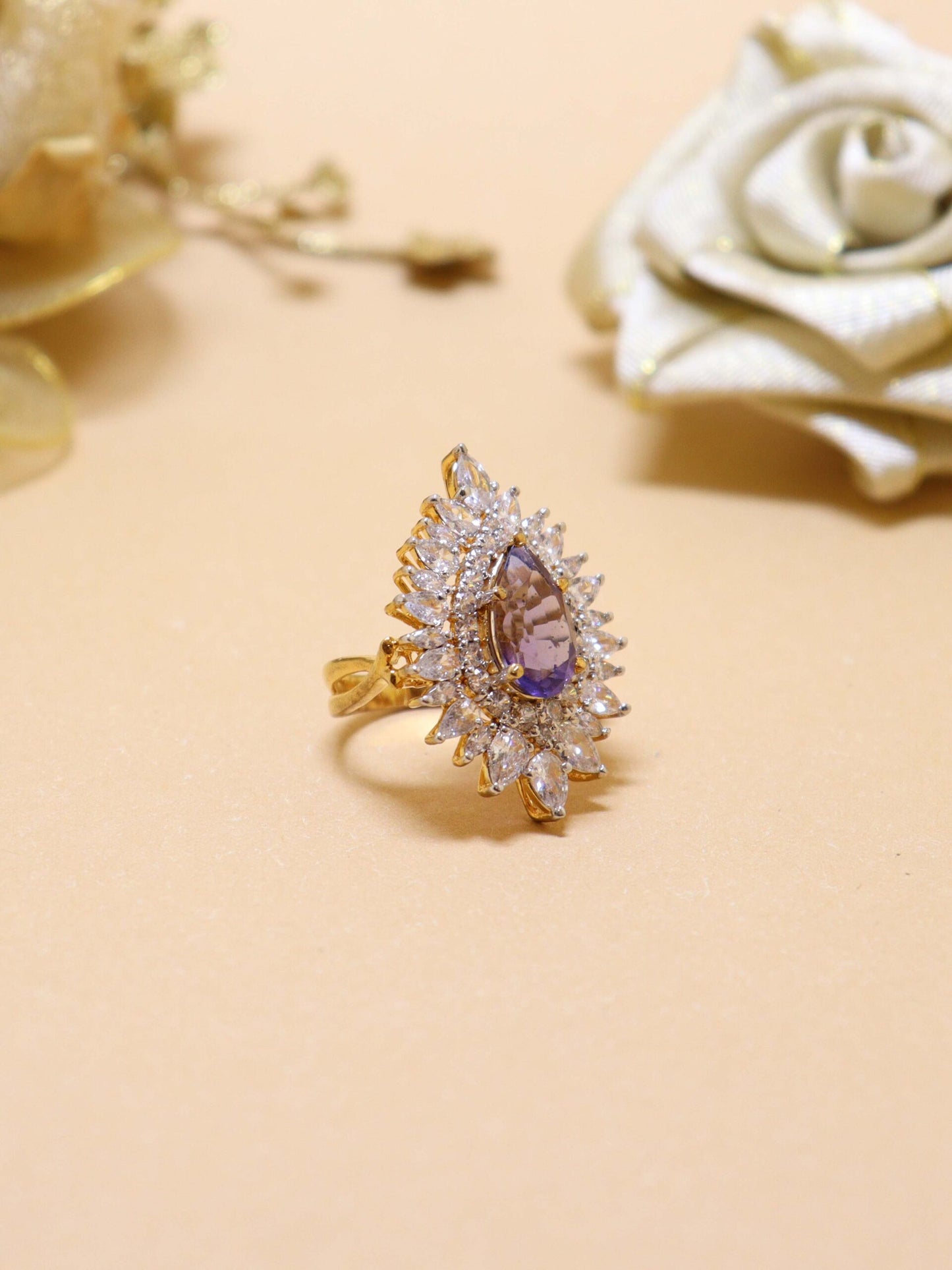 Ring Studded With Zircons And Semi-Precious Amethyst In Silver.