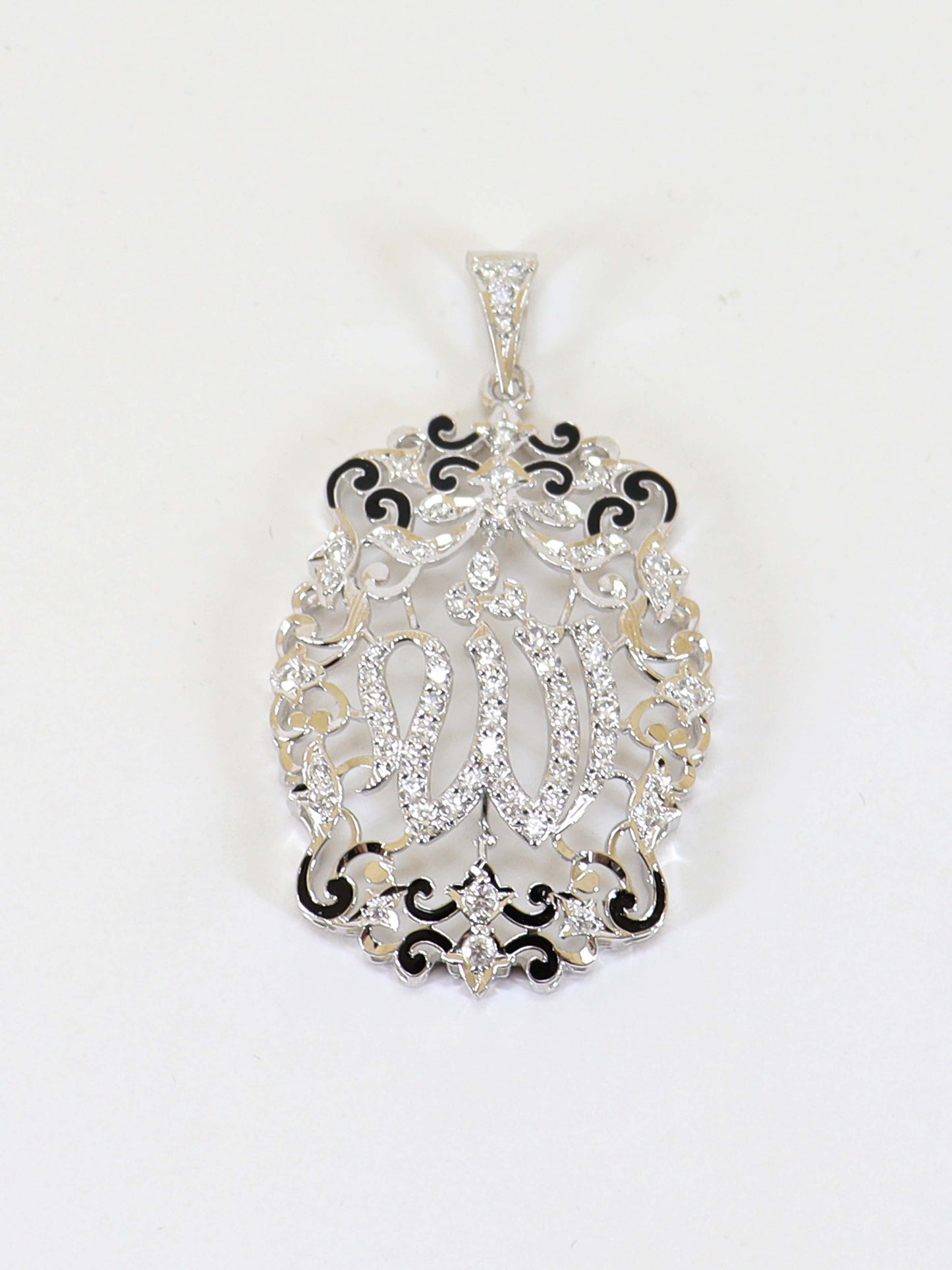 Allah Pendant Studded With Zircons And Black Meena In 925 Silver.