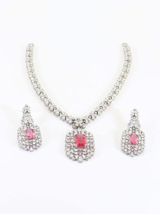 Necklace Set Studded With Zircons And Pink Zircons In 925 Silver.