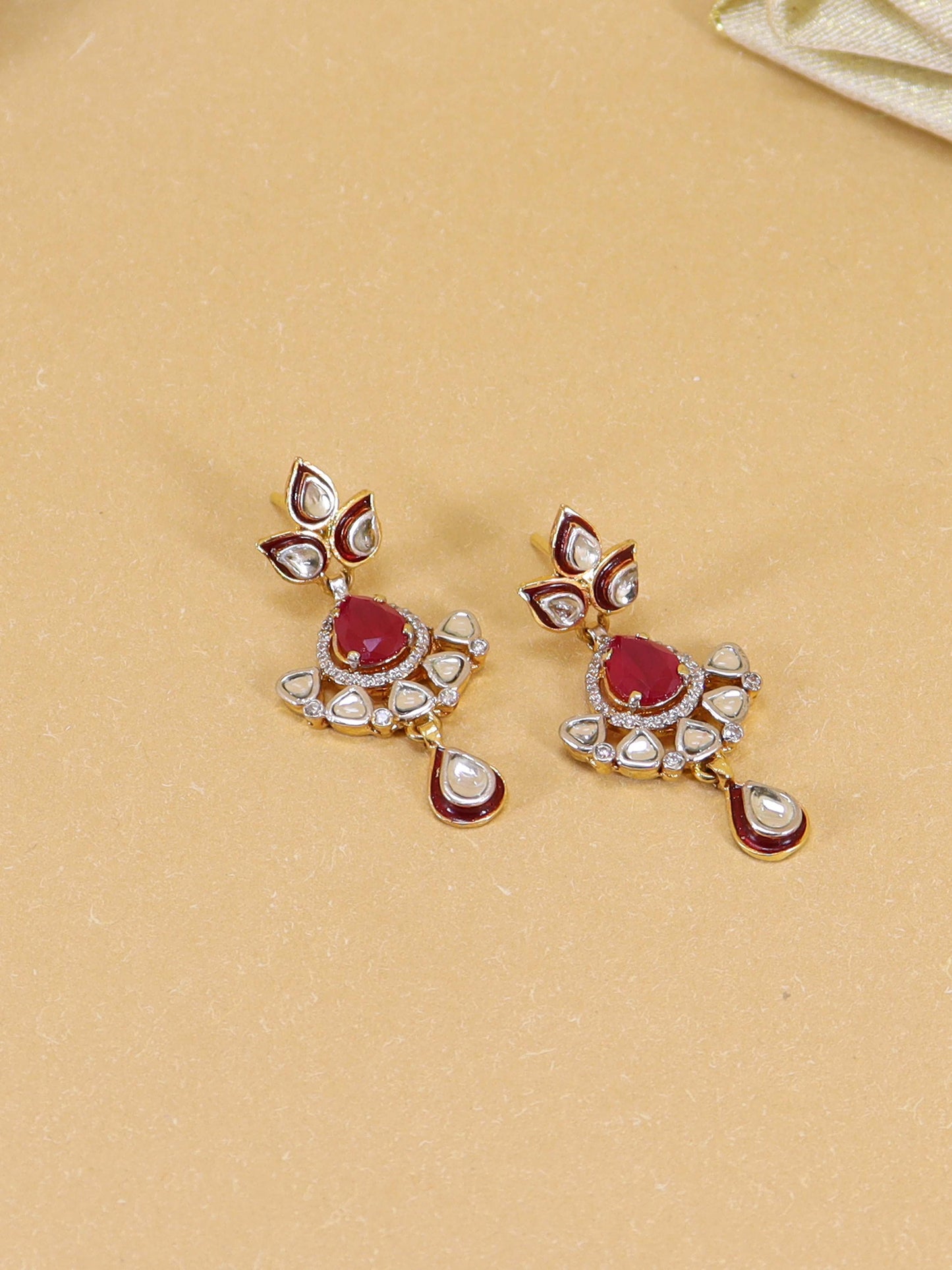 Kundan And Red Meena Earings In 925 Silver.