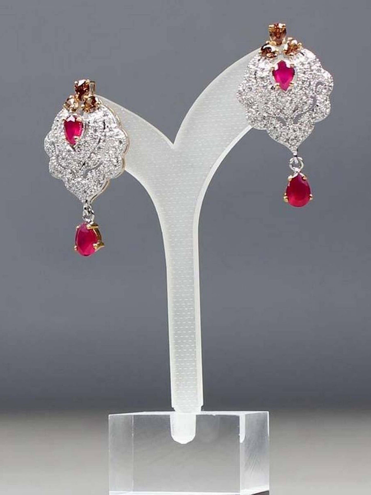 Earings Studded With Zircons And Semiprecious Ruby In 925 Silver.