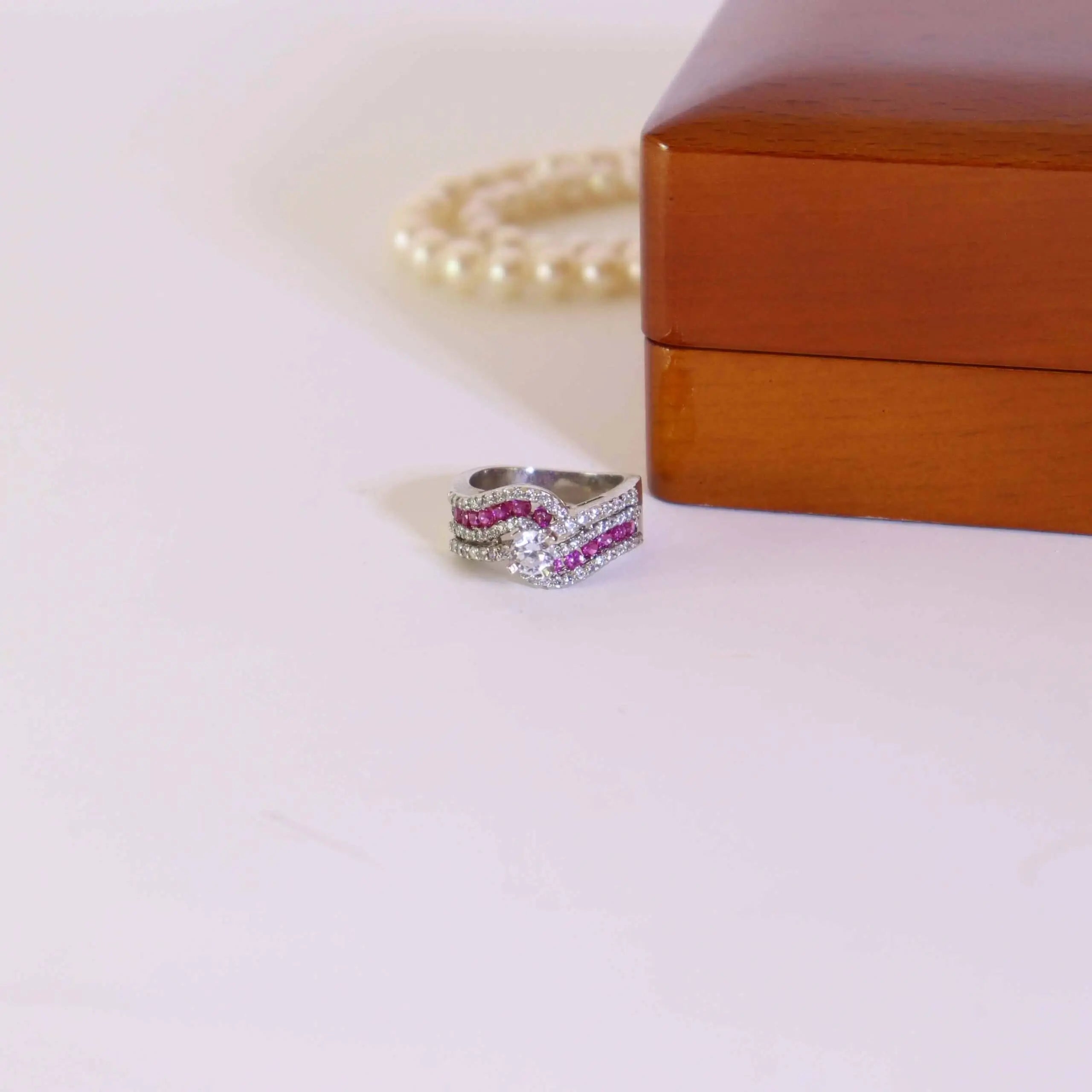 Ring With Pink Zircons In 925 Silver.