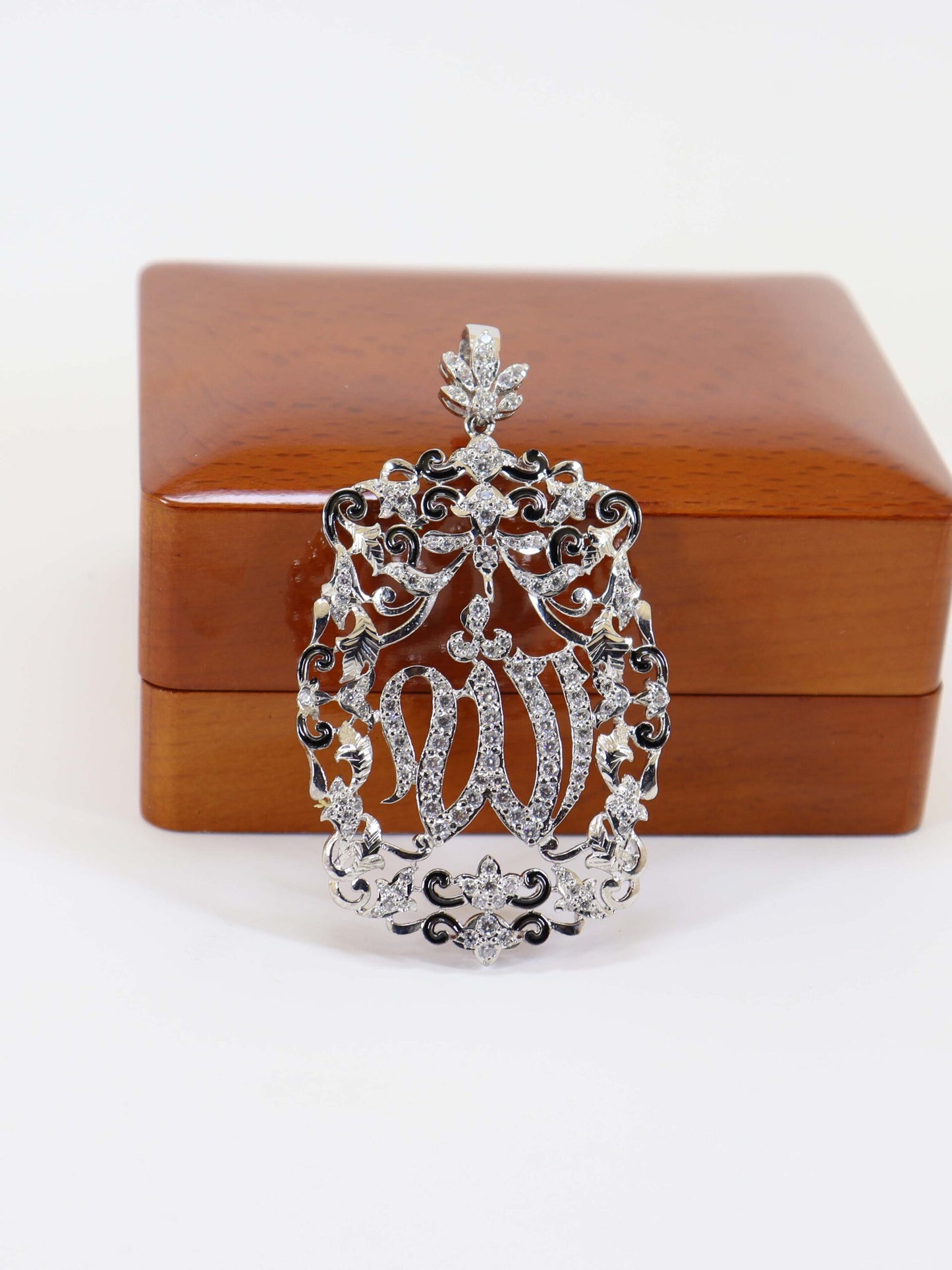 Allah Pendant Studded With Zircons And Black Meena In 925 Silver.