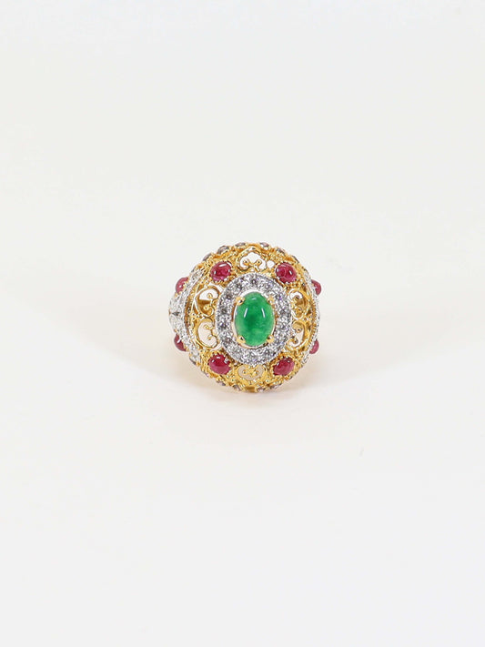 Ring With Green And Red Stone In 925 Silver.