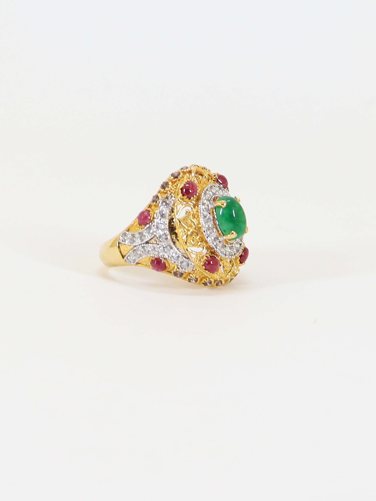 Ring With Green And Red Stone In 925 Silver.