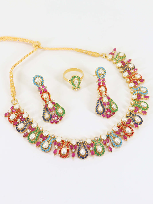 Necklace Set Studded With Multicolor Stone In 925 Silver.