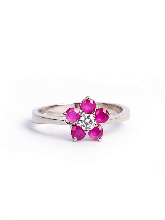 Ring Studded With Zircons And Semiprecious Ruby In 925 Silver.