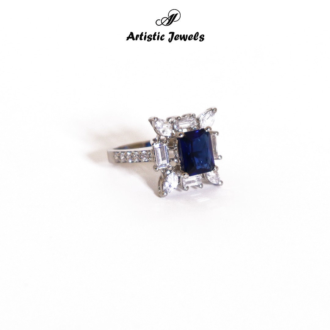 Ring Studded With Zircons And Blue Zircons In 925 Silver.