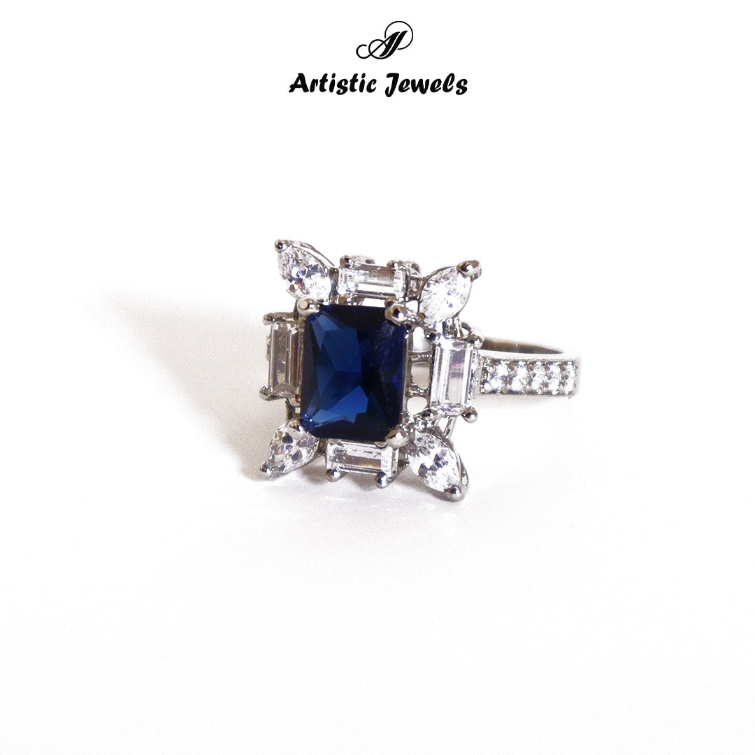 Ring Studded With Zircons And Blue Zircons In 925 Silver.