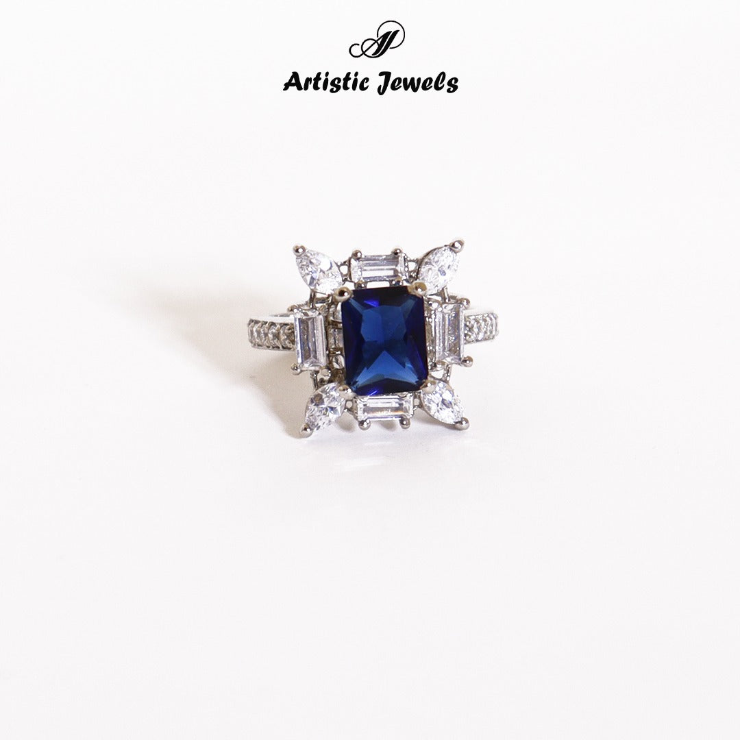 Ring Studded With Zircons And Blue Zircons In 925 Silver.