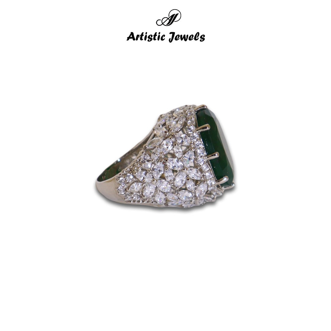Ring Studded With Zircons And Green Zircons In 925 Silver.