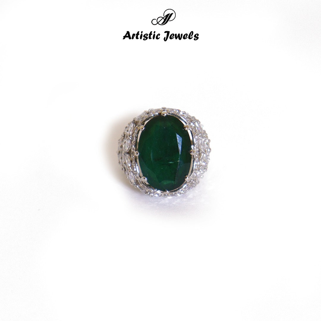 Ring Studded With Zircons And Green Zircons In 925 Silver.