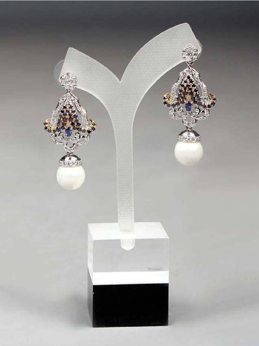 Earings Studded With Zircons And Semiprecious Sapphire In 925 Silver.